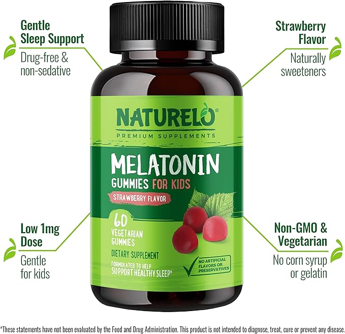 NATURELO Melatonin Gummies for Kids – Non-GMO, Gluten-Free, Soy Free - Strawberry Flavor - Gentle Sleep Supplement - 60 Vegetarian Gummies
