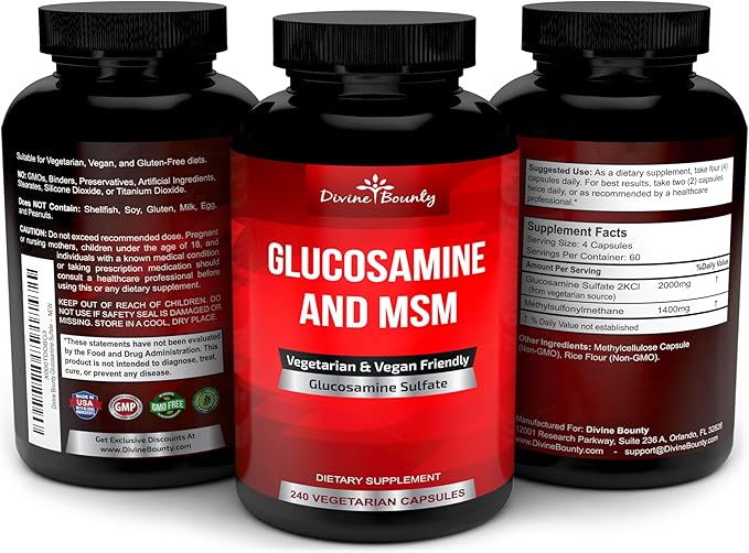 Divine Bounty Glucosamine Sulfate Supplement (2000mg per Serving) with MSM - 240 Small Vegetarian Capsules - No Shellfish or Harmful Additives