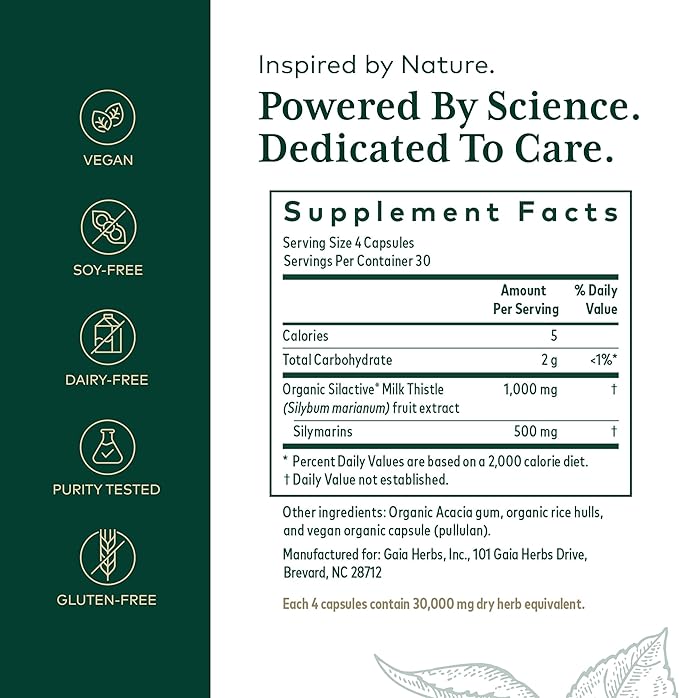Gaia Herbs Pro Milk Thistle 1000 - Liver Health Support Supplement* - Liver Cell Health Supplement* with Silactive Milk Thistle Fruit Extract - 120 Capsules (30 Servings)