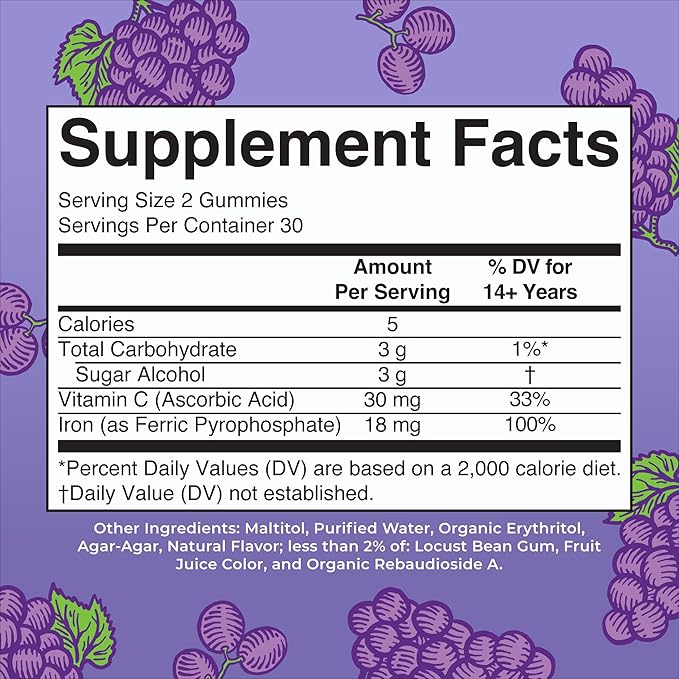 MaryRuth's Iron Gummies for Ages 14+ | with Vitamin C for Absorption | Sugar Free | Gummy Iron Supplement + VIT C | Energy Metabolism | Cellular Health | Immune Support | Vegan | Non-GMO | 60 Count