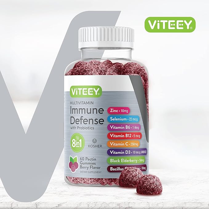 Multivitamin Gummies 8 in 1 Immune Support Supplement with Probiotics - Immune Boosters for Adults & Teens - Vegetarian, Gelatin Free, GMO Free - Chewable Berry Flavored Pectin Immune Defense Gummy
