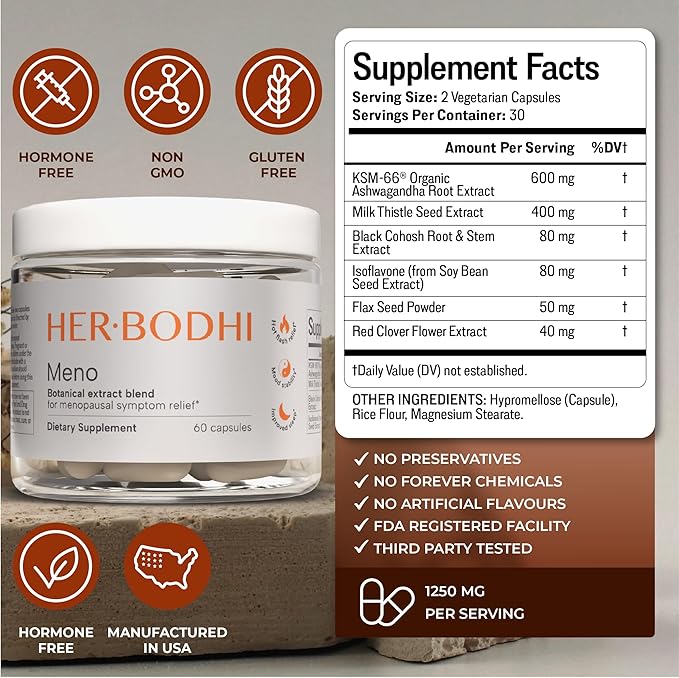 Meno- Menopause Hormonal Balance for Women, Estrogen Soy Isoflavones Menopause Supplement for Women, Ashwagandha, Black Cohosh Hot Flashes Menopause Relief, Night Sweats Relief 60Caps