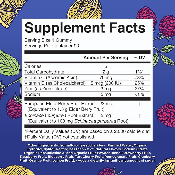 MaryRuth Organics Sugar Free Immunity Gummies | Powerful Blend | Elderberry Vitamin C & Zinc | Vitamin D3 & Echinacea | Immune Support Supplement | Gummies for Kids & Adults | Vegan | Non GMO | 90ct