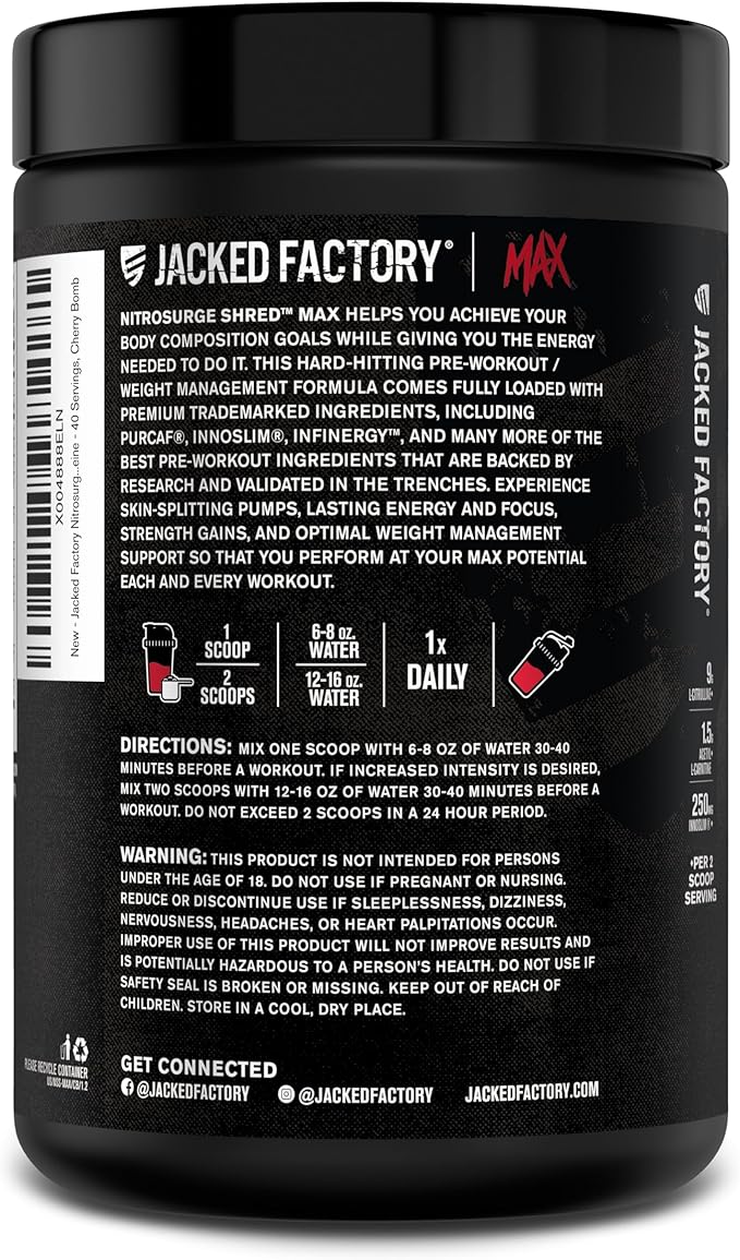 Jacked Factory Nitrosurge Shred Max Preworkout - High-Performance Thermogenic Pre Workout Powder for Men and Women with L Citrulline, Acetyl L Carnitine, Organic Caffeine - 40 Servings, Cherry Bomb