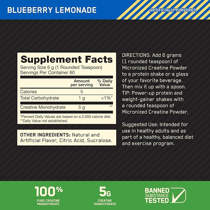Optimum Nutrition Creatine Monohydrate Powder - Blueberry Lemonade Creatine, 60 Servings
