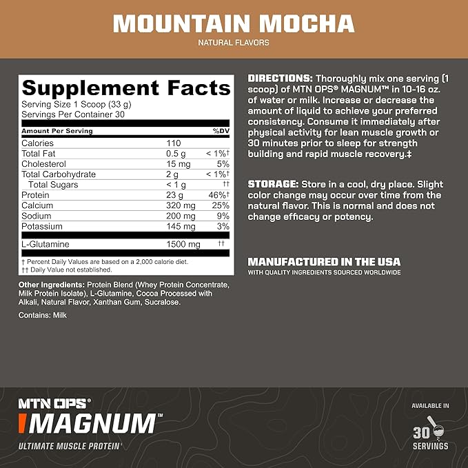 MTN OPS Magnum Mocha Protein Powder, 23g of Whey Isolate Protein & Milk Protein with BCAAs, Zero Sugar & Gluten Free, Mocha, 30-Serving Tub