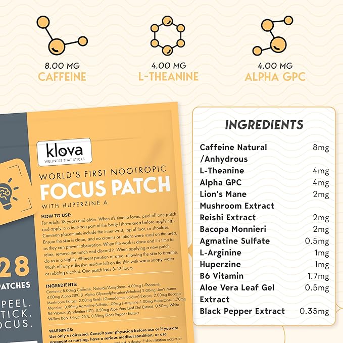 Klova Wellness Patches | Ditch The Pills, Gummies & Tablets Patches are Highly Absorbable and Last Up to 8 Hours (Nootropic Focus Patch)