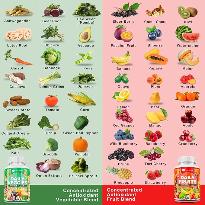 Daily Fruits & Veggies Supplement - Superfood Ashwagandha, Elderberry, Fruit & Vegetable Blend | Immunity & Health Support for Men & Women | 90 Capsules | 2-Pack