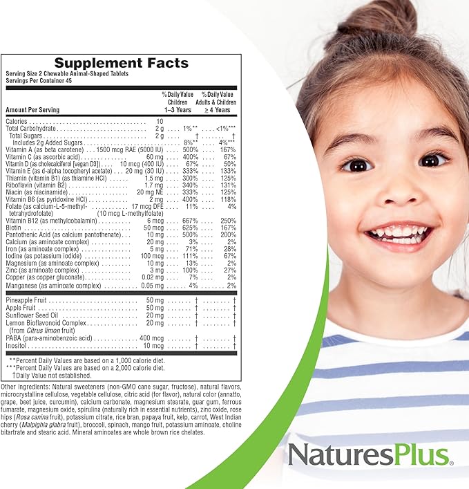 Natures Plus Animal Parade Children's Chewable Multivitamin - 90 Animal-Shaped Tablets - Natural Assorted Flavors - Vegan, Gluten Free - 45 Servings