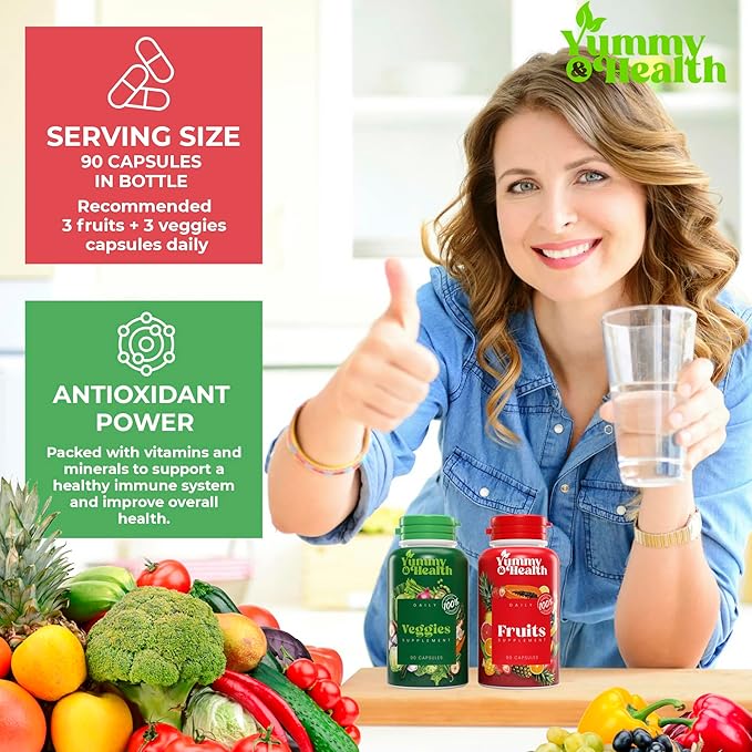 Yummy & Health Fruits and Veggies Capsules β 90 Fruit + 90 Veggie | Superfood Supplement for Energy, Immune Support, Vitamins & Essential Minerals | Vegan, Non-GMO, Gluten-Free
