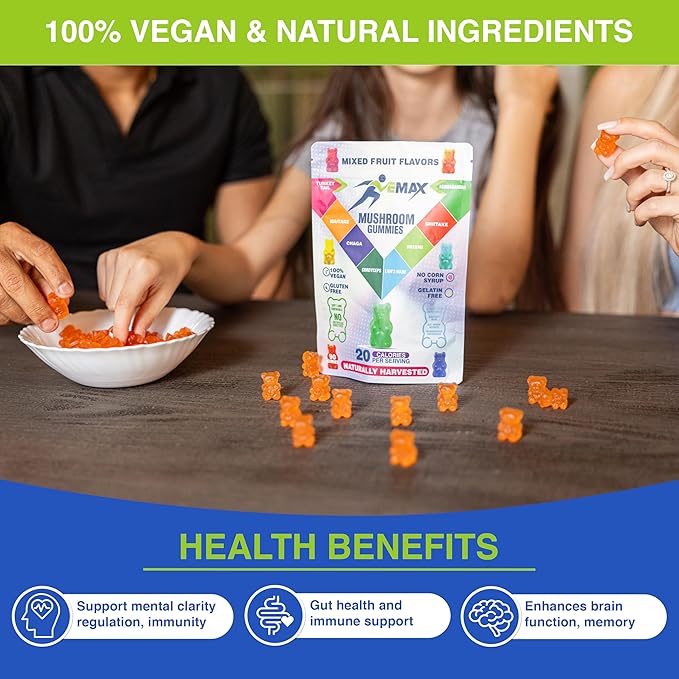 Ashwagandha and Lions Mane Mushroom Gummies for Adults - Organic - Reishi, Maitake, Chaga, Cordyceps, Shiitake, Turkey Tail - Immune Support, Memory, Focus and Energy -Vegan Mushroom Supplement Gummy