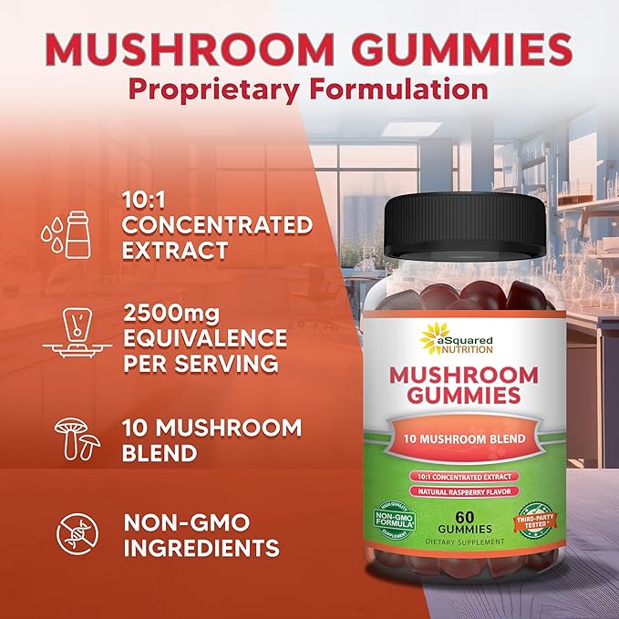 aSquared Nutrition Mushroom Gummies - 10x Complex Supplement - Lions Mane, Turkey Tail, Reishi, Cordyceps, Chaga - Energy, Focus, Immune Support for Men & Women - Replace Powder, Capsules & Pills