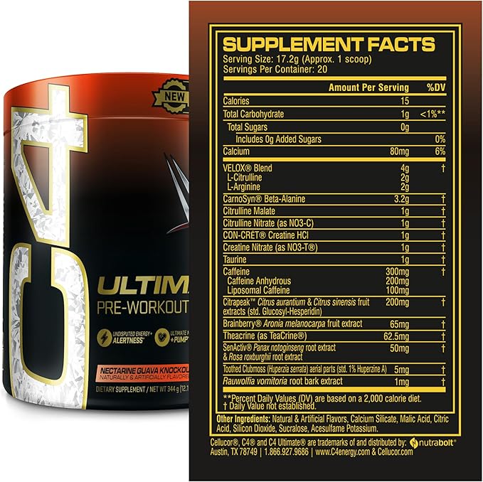 Cellucor C4 Ultimate x WWE Pre Workout Powder Nectarine Guava Knockout - Sugar Free Preworkout Energy Supplement for Men & Women - 300mg Caffeine + 3.2g Beta Alanine + Patented Creatines - 20 Servings
