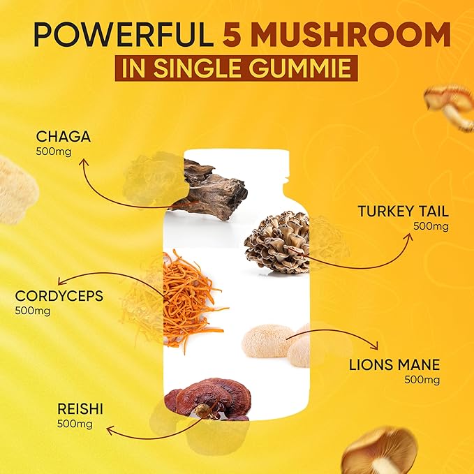 Lions Mane Mushroom Gummies for Relaxation & Wellness Organic Functional Mushroom Blend with Turkey Tail, Reishi, Chaga & Cordyceps - Immune Support - Vegan Supplement - 60 Berry Gummies