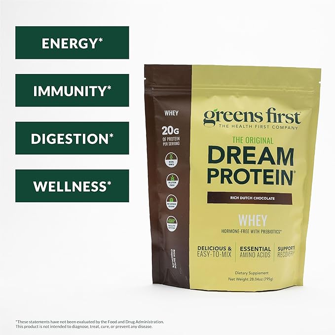 Greens First Dream Protein Powder Whey - 20g Protein Per Serving - Hormone-Free with Prebiotics - Non-GMO - No Artificial Sweeteners/MSG/Aspartame (Rich Dutch Chocolate, 28.04 oz)
