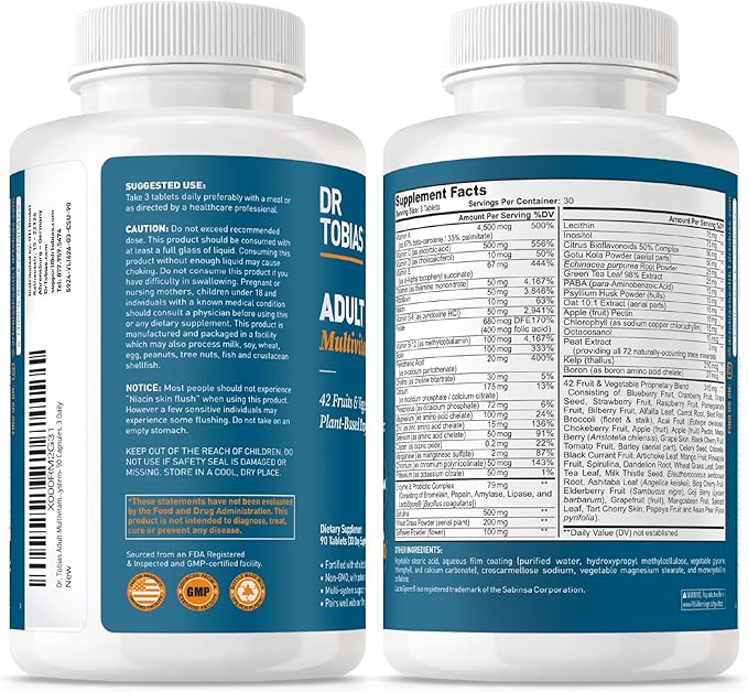 Dr. Tobias Adult Multivitamin for Women & Men, Immune Supporting Vitamins from 42 Fruits, Vegetables, Plus Probiotics, Vegan Multivitamins for Men & Women, Non-GMO, 90 Tablets, 30 Servings