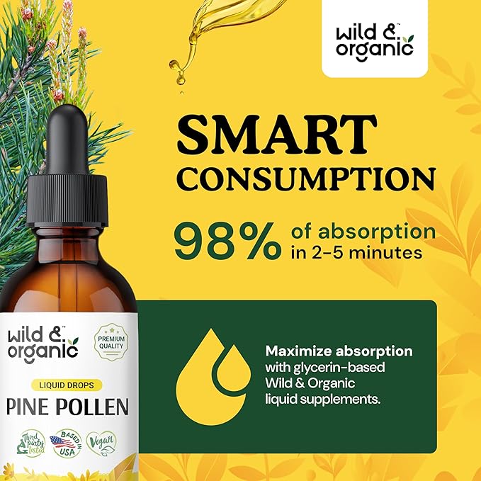 Wild & Organic Pine Pollen Tincture - Immune Support Supplement w/Pine Pollen - Liquid Drops w/Wildcrafted Scots Pine Pollen & Pinus Sylvestris - Antioxidants Supplement w/Pine Pollen Extract 2 oz