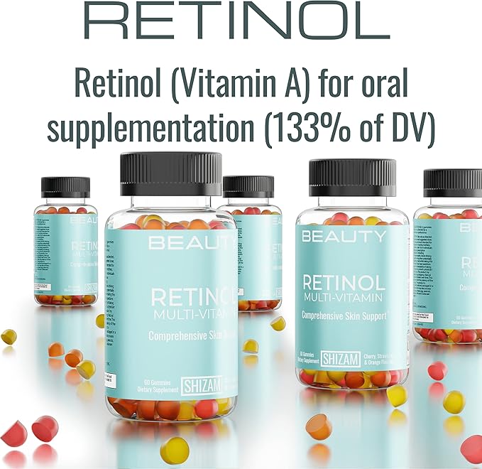 SHIZAM Retinol Vitamin A Gummies, Gummy Vitamins for Clear Complexion & Glowing Skin: Anti-Aging Multi-Vitamin for Women: Collagen Booster: Pill/Pills Capsule/Capsules Supplement/Supplements Alt