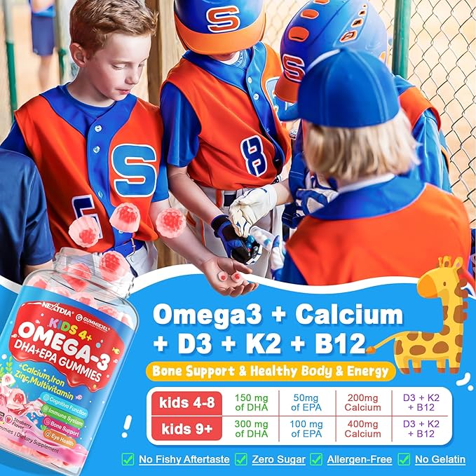 Omega 3 Gummies (EPA/DHA) for Kids 4+, Kids Multivitamin A B1 B2 B12 C D3 K2, Calcium Gluconate, Zinc, Selenium, lodine for Brain Cognition, Eye, Bone, Energy, Immune, No Fish Taste,Sugar Free