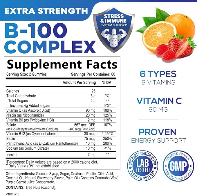 B Complex Gummy with Vitamin C & Folic Acid, Extra Strength Vitamin B Gummies Supplement with Niacin, B6, Folic Acid, Super B12, Biotin, Nature's Energy Immune Support Supplements - 120 Gummies