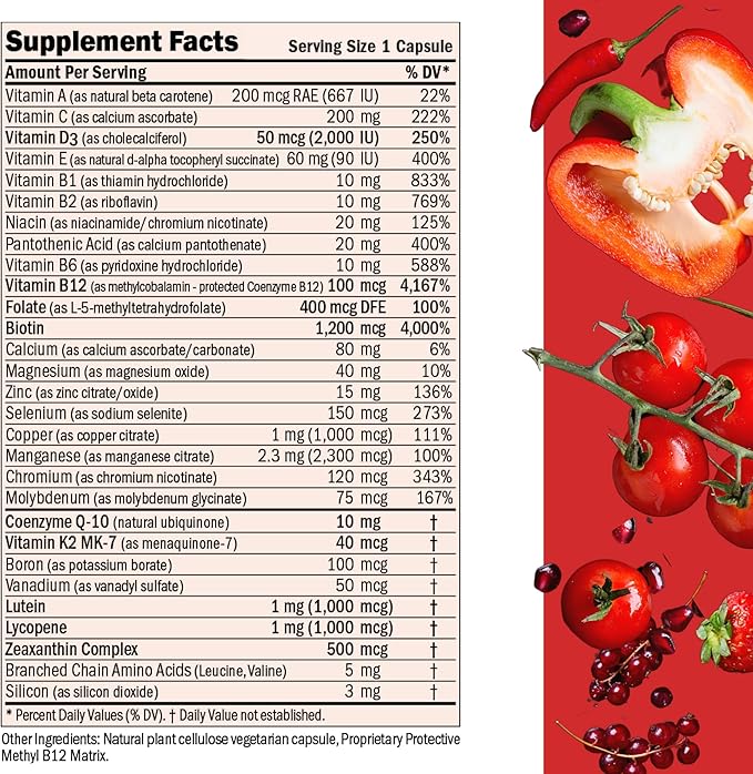 ANDREW LESSMAN Essential-1 Multivitamin 2000 IU Vitamin D3 60 Small Capsules - 100 mcg Methyl B12. CoQ10 Lutein Lycopene Zeaxanthin. High Potency. No Additives. Ultra-Mild. One Daily Capsule