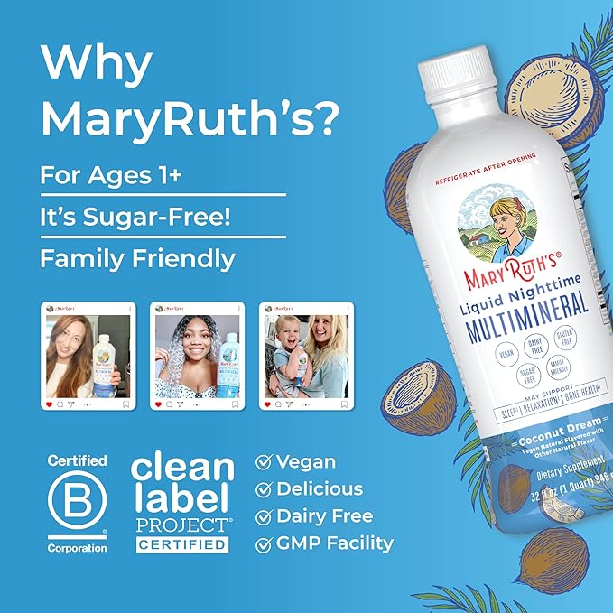 MaryRuth's Liquid Nighttime Multimineral | Sugar Free | Calm Magnesium Citrate | NO Melatonin | Calcium Magnesium Zinc | Muscle Relaxation | Available in 4 Flavors | Vegan | Gluten Free | 32 Servings