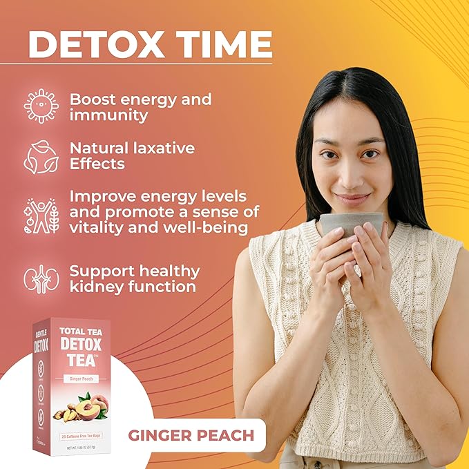 Total Tea SIimming Detox Tea Caffeine Free - 25 Day Detox Tea - Herbal SIim Tea with Chamomile, Hibiscus Tea & Ginger Root for Colon Cleanse – Natural Herbal Ginger & Peach Tea for Digestive Health (25-Pack, Ginger & Peach)