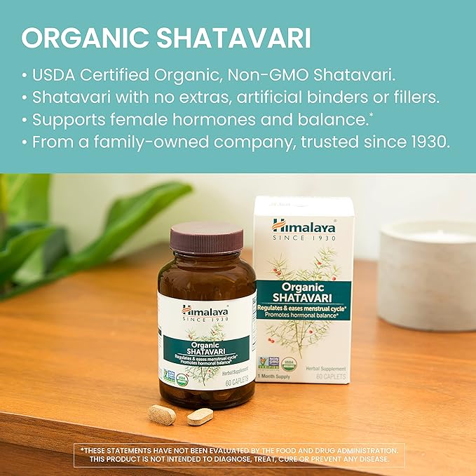 Himalaya Organic Shatavari for PMS, Menstrual Cramp Relief, Menopause Support, and Women's Health, 1,300 mg, 60 Caplets, 1 Month Supply