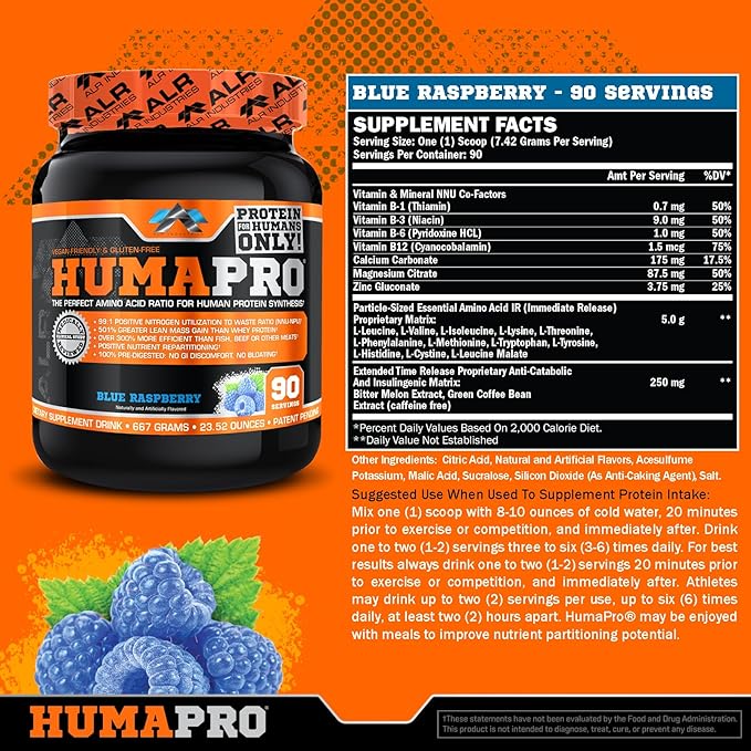 Humapro | Amino Acids Protein Matrix for Humans | 99% Utilization for Lean Muscle | Vegan, Gluten Free | 667g / 90 Servings (Blue Raspberry)