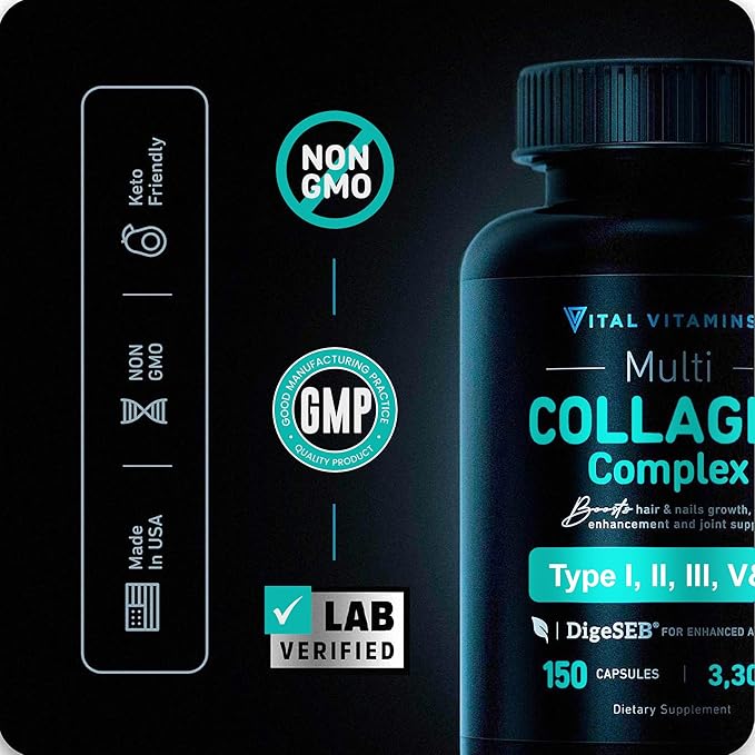 Vital Vitamins Collagen for Women & Men - Type I, II, III, V, X Multi Collagen Pills - Grass Fed, Non-GMO - 150 Capsules
