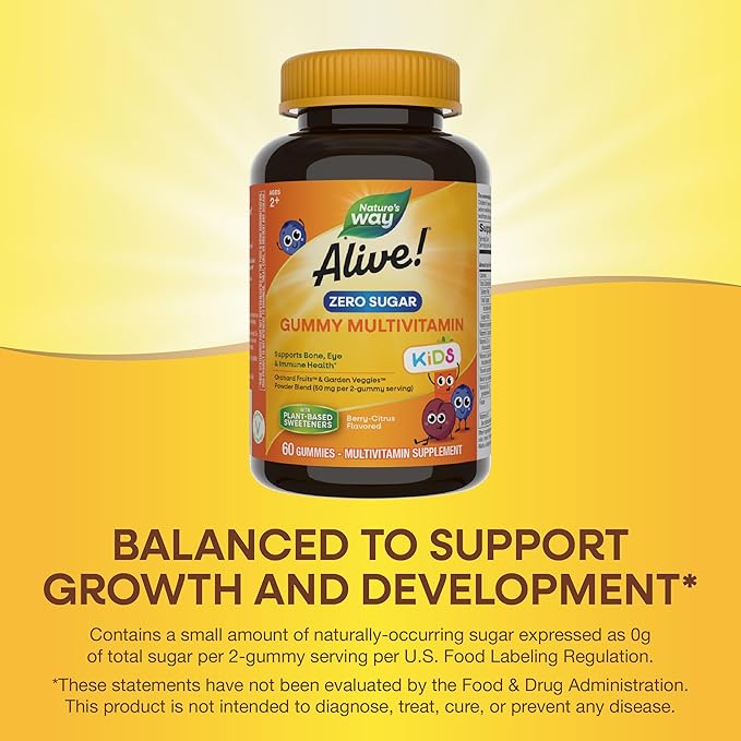 Nature’s Way Alive! Kids Zero Sugar Gummy Multivitamin, for Kids Ages 2+, Supports Bone, Eye & Immune Health, No Sugar Alcohols, Plant-Based Sweeteners, Berry-Citrus Flavored, 60 Gummies