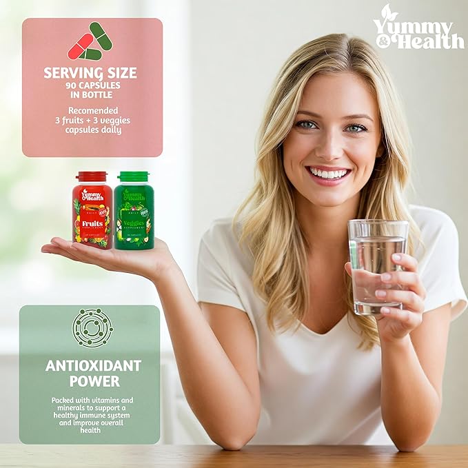 Yummy & Health Fruits and Veggies Capsules β 90 Fruit + 90 Veggie | Superfood Supplement for Energy, Immune Support, Vitamins & Essential Minerals | Vegan, Non-GMO, Gluten-Free