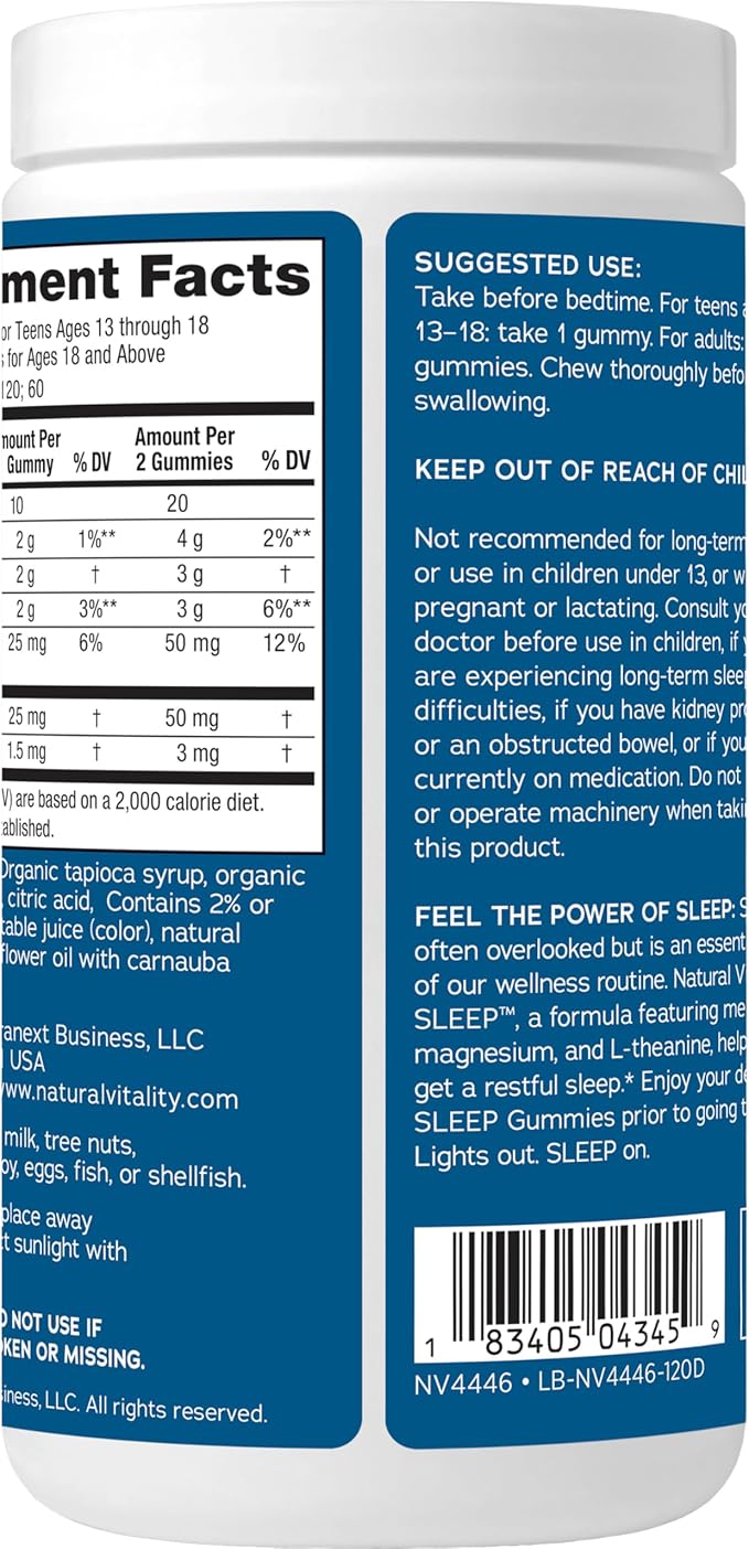 Natural Vitality SLEEP Gummies, Magnesium Supplement With Melatonin and L-Theanine, Vegan, Gluten Free, Helps the Body Ease Into Sleep, Blueberry Pomegranate 120 Count