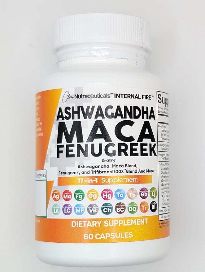 Clean Nutraceuticals Ashwagandha Maca Root Fenugreek Supplement with Tongkat Ali Ginseng - Assists with Stress, Mood & Thyroid - Ashwagandha Capsules Fenugreek Caps - 1 Pack