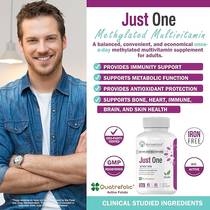 Just One Daily Methylated Multivitamin with Methyl B12, Quatrefolic Methylfolate, Pure MTHFR Supplement for Men and Women Without Iron, 2 Bottles (60 Vegan Capsules), USA-Made