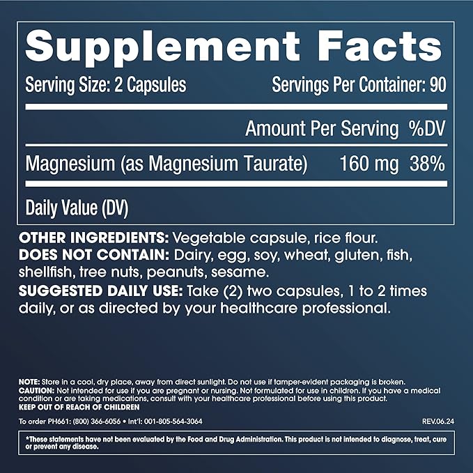ProHealth Pure Magnesium Taurate, 160mg per Serving | Optimal Bioavailability Supplement for Healthy Aging | Supports Brain, Heart, and Muscle Health | Third-Party Tested for Quality | 180 Capsules