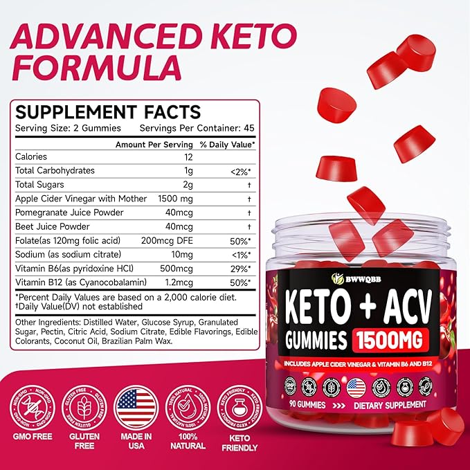 2 Pack Keto ACV Gummies Advanced Formula 1500mg, 180 Vegan Gelatin-Free Advanced Keto Acv Gummies with Pomegranate & Beetroot, Natural Ingredients, Alternative to Keto Drops