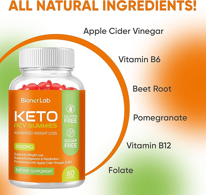 Keto ACV Gummies - Sugar Gluten Free Pro Active Super Apple Cider Vinegar Supplement for Men Women - Digestion Metabolism Hair Skin Health (1000MG)