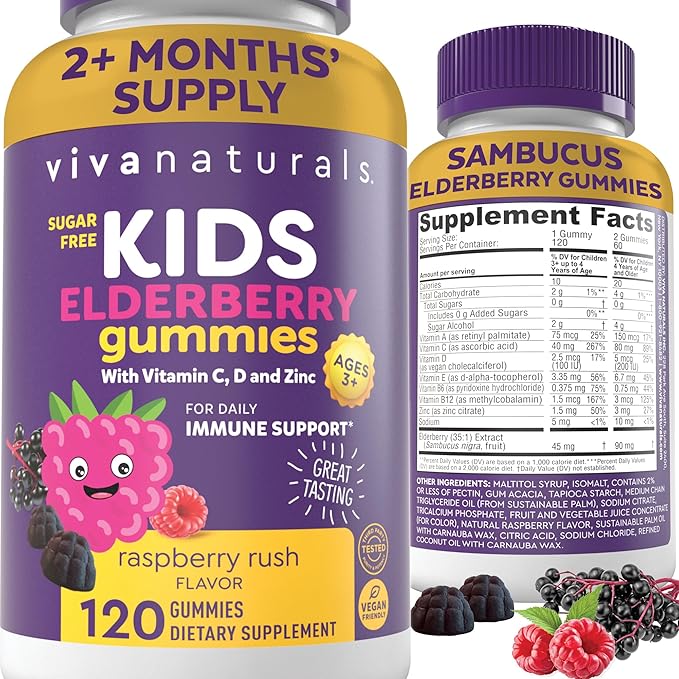 Sambucus Elderberry Gummies for Kids with Vitamin C and Zinc (120 Count) - Sugar-Free 8-in-1 Immune Support Gummy - Chewable Vegan, Gluten-Free Sambucus Elderberry Gummy for Kids, Immunity Gummies
