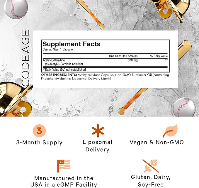 Codeage Liposomal Acetyl-L-Carnitine+ Supplement - 500 mg Acetyl-L-Carnitine per Serving - 3-Month Supply, Liposomal Delivery - Alcar Supplement - L-Carnitine - Non-GMO, Gluten-Free, 90 Capsules