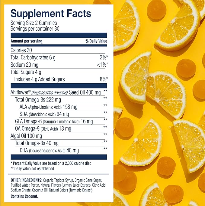 Wiley's Finest Vegan Omega-3 Gummies - Natural Sugar - Vegetarian DHA, ALA & SDA - Gluten Free - Lemon Flavor, 60 Gummies