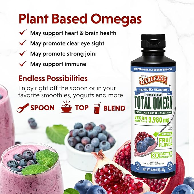 Barlean's Liquid Flaxseed, Borage and Algae Oils Omega 3 Supplement, Pomegranate Blueberry Flavor, Vegan EPA and DHA, Flax and Borage Seed Oil with 3,980 mg of Omega-3-6-9, 16 oz