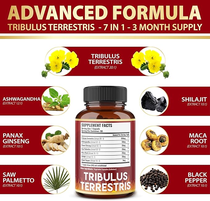 Tribulus Terrestris Capsules, High Potency with Ashwagndha, Panax Ginseng, Saw Palmetto, Maca, Shilajit. Boost Energy, Mood, Stamina, for Men & Women, 3 Months Supply.