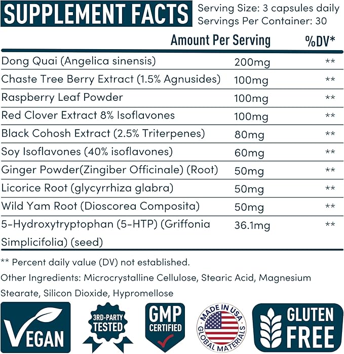 Menopause Supplements for Women - 5-HTP, Dong Quai, Black Cohosh for Menopause Hot Flashes, Night Sweats Relief Support - Womens Pre Meno Premenopausal Perimenopause Supplement - 90 Caps