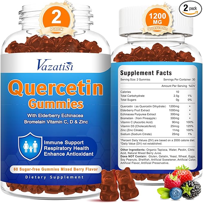 (2 Pack) Quercetin Gummies with Bromelain Elderberry Zinc & Vitamin C, Quercetin Supplement Gummies, Immune Support for Adults & Kids, Vegan Mixed Berry Flavor 120 Cts