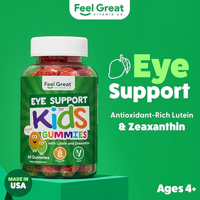 Feel Great Kids Gummy Vitamins for Eyes | Essential Eye Vitamins Lutein and Zeaxanthin | Mango Flavored Vegan Eye Vitamins for Kids | Gluten Free | 60 Day Supply