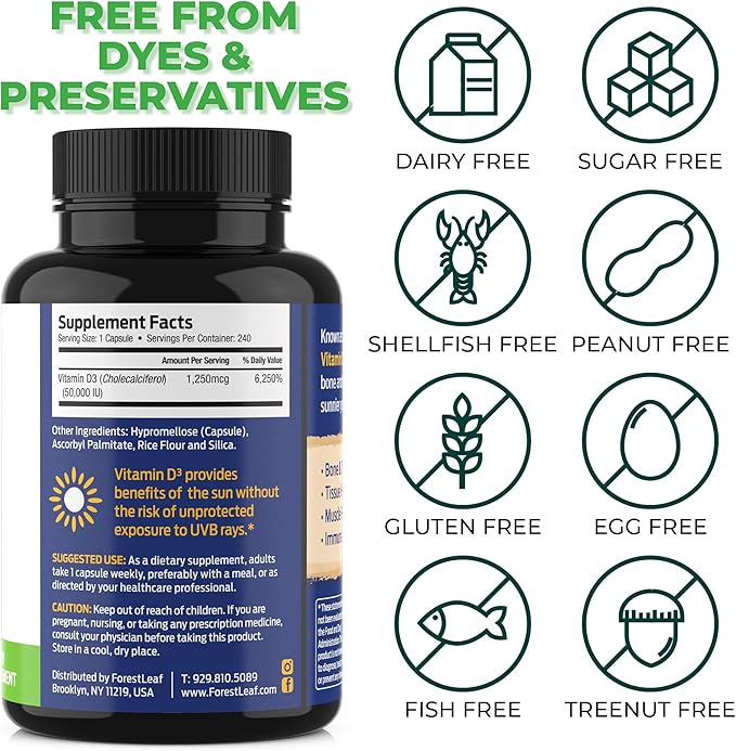 ForestLeaf Vitamin D3 50,000 IU | VIT D - VIT D3 Vitamin D Supplement for Women and Men | Bone Health, Teeth, Immune Support | Easy to Swallow Pills | High Potency WEEKLY Dose, 4-Year Supply, 240 Caps
