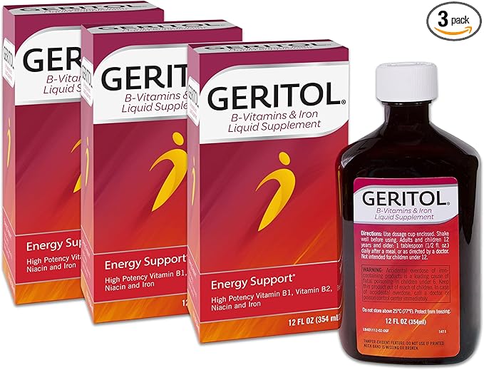 Geritol Liquid Energy Support, High Potency B-Vitamin & Iron Liquid Supplement, 12 Fl Oz (Pack of 3)