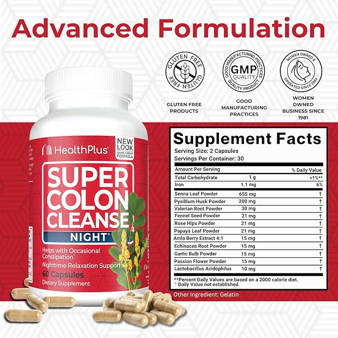 Health Plus Super Colon Cleanse Night Formula Digestive Support | Constipation Relief to Reduce Bloating with Probiotics and Valerian Root for Sleep | More than 1 Cleanse, 60 Capsules
