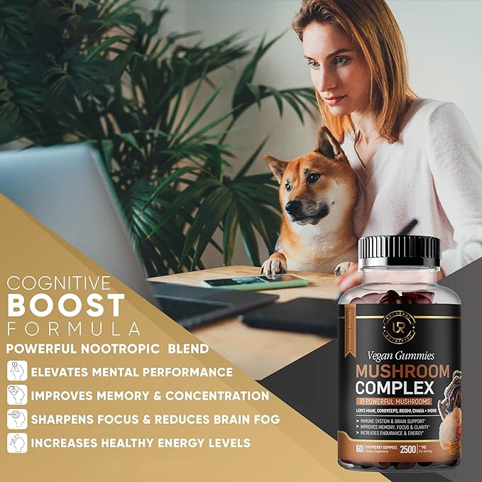 Mushroom Gummies | 10 Mushroom Supplement - 2500mg - Turkey Tail, Chaga, Reishi, Cordyceps & Lions Mane Organic Mushroom Extracts, Nootropic Brain Booster For Focus, Memory, Clarity, Energy | 60ct